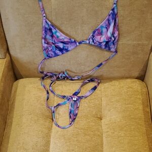 Purple Marble Print Triangle Bikini Top and Strappy Bottoms